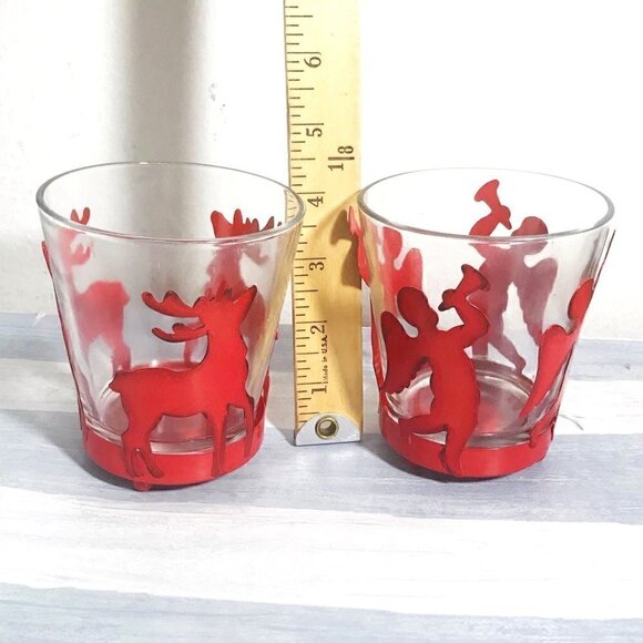 Vintage Red Metal Reindeer & Angel Glass Candle Holder Set Holiday Décor - Picture 5 of 6